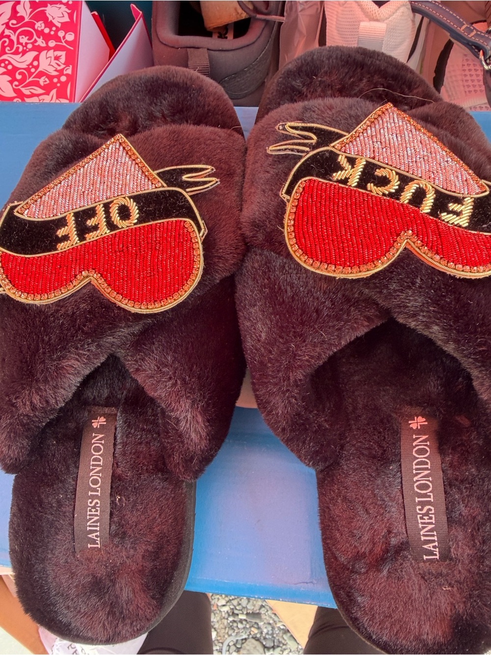 Women's Plush Slide Slippers in Dark Brown with Red Heart Patch